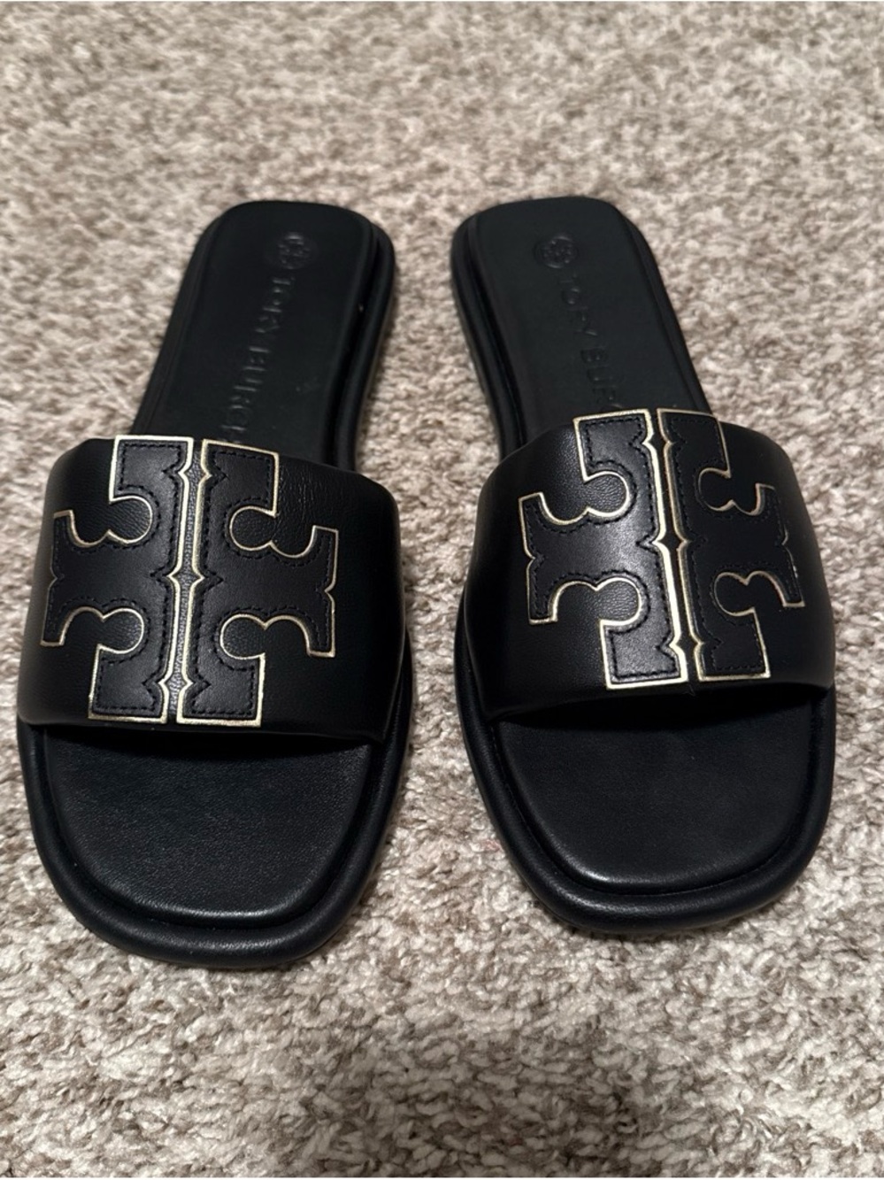 Tory Burch Black Slide Sandals with Gold Logo Trim